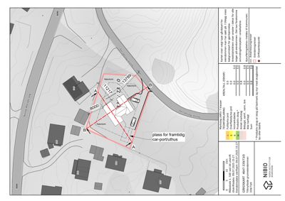 Situasjonsplan som viser eiendomsgrunnlinjer, eksisterende bygninger, planlagt utvidelse (car-port/uthus) og arealdata.
