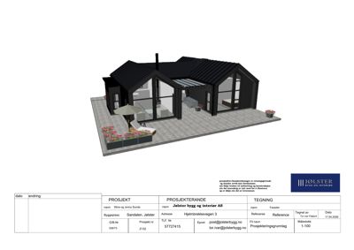 3D-visualisering av en husfasade med møbler og hageelementer