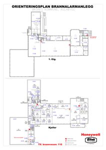 Etasjeplaner (1. etg og kjeller) med plassering av brannalarmanlegg.