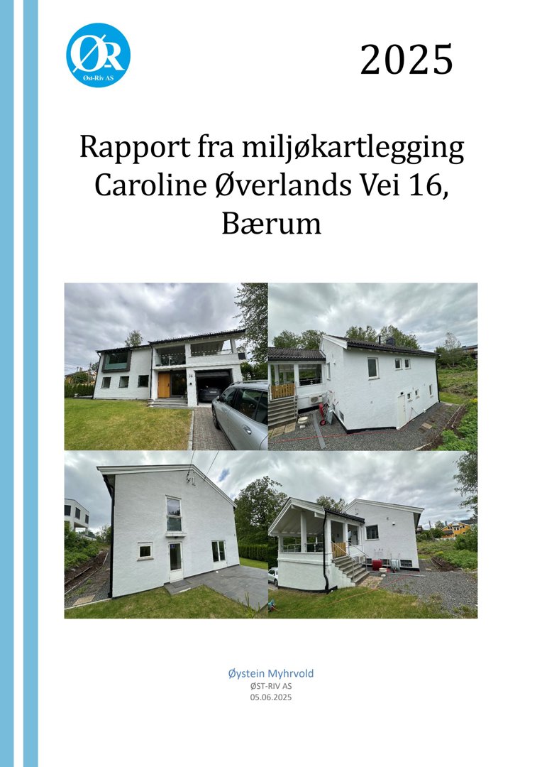 Fotografier av en hvit villa sett fra flere vinkler, inkludert forside, side og bakside.