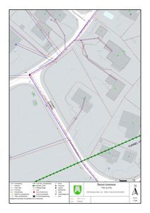 Situasjonsplan som viser vann- og avløpsledninger i forhold til eksisterende og planlagt infrastruktur (veier, tunneler, bygninger).