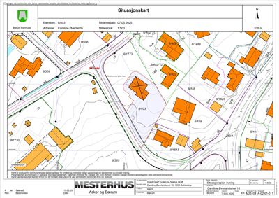 Situasjonskart som viser eiendomsnummer, adresse, nabolag, veier og topografi for eiendommen Caroline Øverlands vei 16.