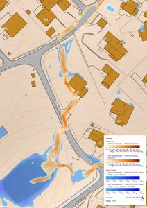 Kart som viser et område med bygninger, veier (Caroline Overlands vei, Ekebergveien) og hydrologiske data (strømning og vannstand) for Sandvika.