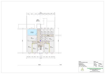Etasjeplan (kjeller) som viser romfordeling, arealer og dimensjoner for et hus.