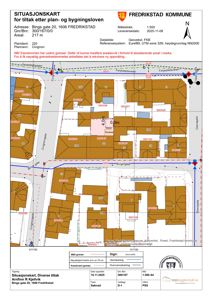 Situasjonskart som viser eiendomsgranser, naboeiendommer og gater for Bings gate 20 i Fredrikstad.