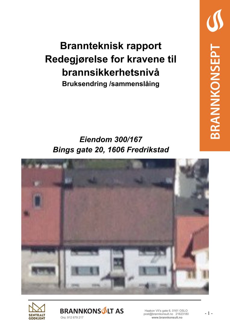 Et luftfoto eller satellittbilde av en bygning med adresse Bings gate 20, som er inkludert i en brannrapport.