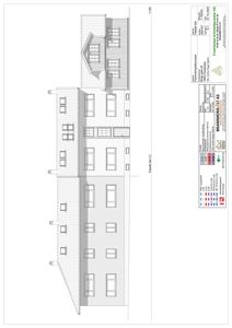 Fasadetegning som viser bygningens utside med vinduer, takform og materialer.