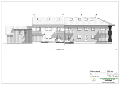 Fasadetegning (opprikk) av bygning sett fra nord.