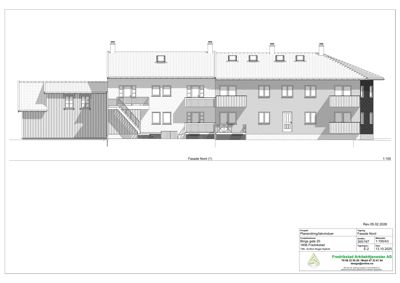 Fasadetegning (opprikk) av en bygning sett fra nord, med detaljer om vinduer, balkonger og tak.