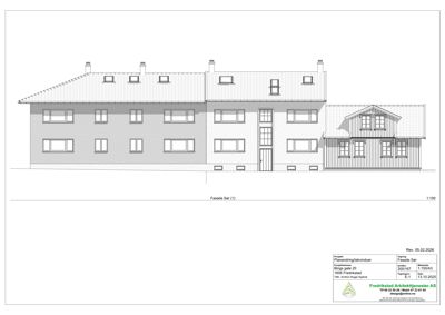 Fasadetegning som viser bygningens utseende fra en bestemt vinkel, inkludert vinduer, tak og fasadematerialer.