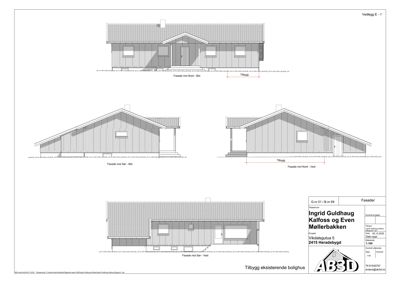 Fasadetegning som viser oppriss av en bolig sett fra tre ulike vinkler (Nord, Sør og Vest).