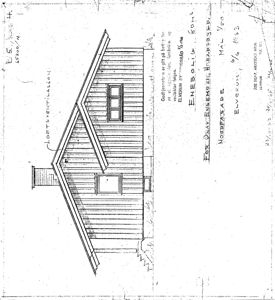 Fasadetegning av en enebolig med oppriss av tak, vinduer, dør og trapp. Tegningen inneholder også tekst med adresse, dato og arkitektinformasjon.