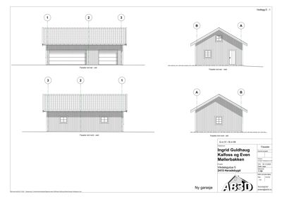 Fasadetegning som viser oppriss av en ny garasje sett fra fire ulike vinkler (nord, sør, øst og vest).