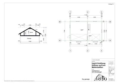 Fasadetegning (opprikk) som viser bygningens utseende fra fronten, med mål på takform og fasadepartier.