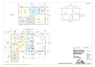 Bildet viser en tegning med etasjeplaner (Plan 1. etg og Plan kjeller) samt snittegninger (Snitt C-C og Vedlegg E - 3) for en bolig.