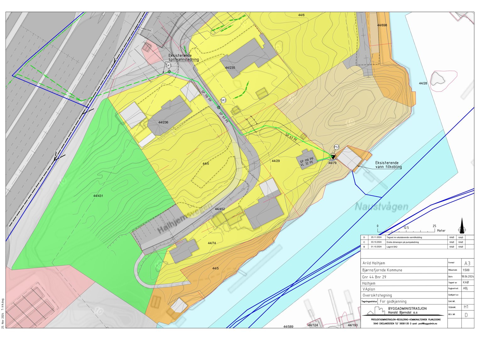 Situasjonsplan som viser tomtens beliggenhet i forhold til nabolag, vei, vann og eksisterende bygninger.