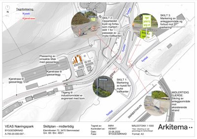 Situasjonsplan som viser bygningenes plassering i forhold til veier, gassanlegg og kystlinje, samt midlertidige tiltak.
