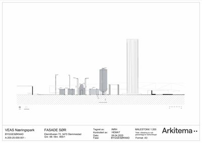 Fasadetegning (oppriks) av en bygning sett fra sør.