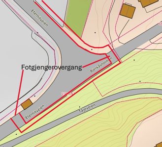 Situasjonsplan som viser veisystem, eiendomsgrenser og en fotgjengerovergang.