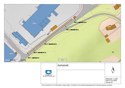 Situasjonsplan eller kartutsnitt som viser tomtens form, bygningers plassering, veiavstander (vebredde) og topografi.