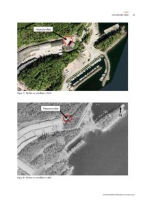 Bildet viser to flyfotografier av et område ved kysten, markert som 'Tiltaksområde'.