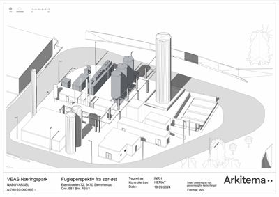 En 3D-visualisering (fugleperspektiv) av et planlagt anlegg, VEAS Næringspark, som viser bygninger og infrastruktur.