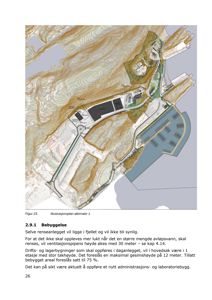 Illustrasjonsplan (rendering) som viser et forslag til bebyggelse på et terreng med fjell og vann. Bildet er merket som 'Figur 23. Illustrasjonsplan alternativ 1'.