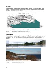 Bildet viser en side fra en byggesak som inneholder tekst om synlighet og fjernvirkning, samt to fotografier av et kystlandskap og en 3D-modell.