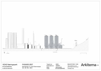 Fasadetegning (oppriis) av en industribygning sett fra øst, som viser høydeforskjeller og bygningers profil.