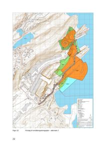 Situasjonsplan eller forslag til områderegulering som viser terrengform, vannmasser og planlagt bebyggelse.