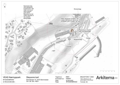 Situasjonsplan som viser bygningenes plassering i forhold til støysoner og nabolag.