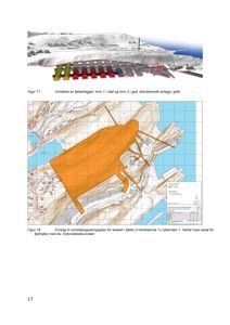 Bildet viser et kart med topografi og en markert byggeflate (fjellhaller) i et kystlandskap, samt en 3D-visualisering av et fjellanlegg over.