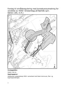 Kart som viser et forslag til områderegulering for utvidelse av et renseanlegg, med bygningsplassering og vegnett.