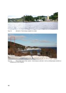 Fotomontasje av planområdet sett fra Tåje i sydvest, som viser eksisterende og planlagt bygning.