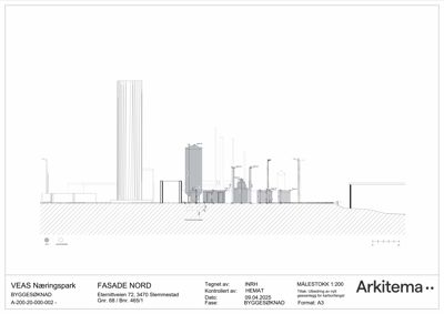 Fasadetegning (opprikk) av en bygning sett fra nord.