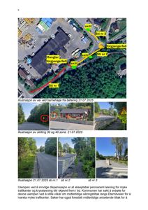 En samling fotografier som viser eksisterende veisituasjon, skilting og infrastruktur i et område.