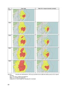 Kart som viser luftkvalitetssituasjonen i et område over tid (2013-2080) under ulike tiltak.