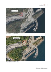 Bildet viser to flyfotografier av et kystområde med en kai og et industriområde. Bildene er merket med 'Tiltaksområde' og viser området i henholdsvis 2024 og 2018.