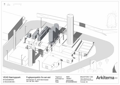 3D-visualisering (fugleperspektiv) av et industribygg med tankanlegg og tilhørende bygninger.