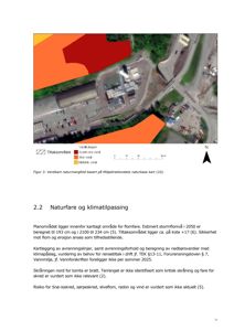 Bildet viser et kart over et tiltaksområde basert på naturbase, inkludert en oversikt over naturverdier og et nabolagskart.
