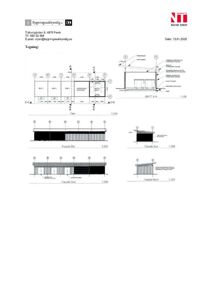 Dette bildet viser en tegning som inneholder et snitt (Snitt A-A) og fire fasadeopprikk (Fasade Øst, Fasade Syd, Fasade Vest, Fasade Nord) for en bygning.