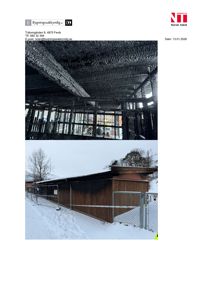 Fotografier av en bygning som har vært utsatt for brann, med synlig røykskade på takkonstruksjonen og fasaden.