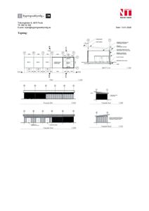Dette bildet viser en tegning som inneholder et snitt (Snitt A-A) og fire fasadeopprikk (Fasade Øst, Fasade Syd, Fasade Vest, Fasade Nord) for en bygning.