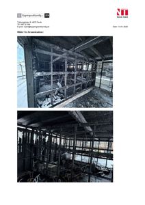 Fotografier av et interiør som har vært utsatt for brannskade. Bildene viser en kulldekket stålkonstruksjon og innredning.