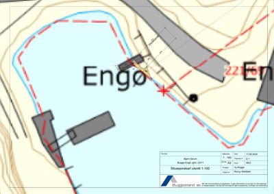 Situasjonskart som viser tomtens beliggenhet, grenser, eksisterende bygninger og vannkroppen 'Engø'.