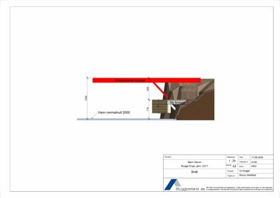 Snitttegning som viser detaljer for ny brygge i forhold til eksisterende brygge og vannnormalnull.