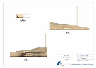 Fasadetegning som viser bygningens utseende fra tre sider (Nord, Vest og Sør) med skrått snitt for å vise grunnmur og takkonstruksjon.
