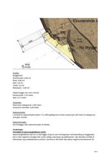 Snittegning (Snitt A105) som viser etasjeplan for en ny brygge og eksisterende bygning, med angitte mål og arealer.
