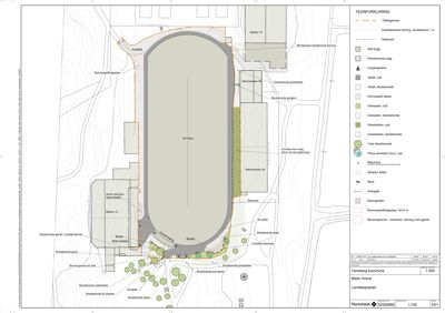Situasjonsplan som viser tomtens beliggenhet, eksisterende og nytt bygg (Maler Arena), veier, gressområder og trær.