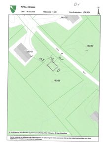 Situasjonsplan som viser eiendomsinndeling (180/31, 180/39, 180/40, 180/38), vegforhold, høydemål og en tegnet bygning i 180/39.